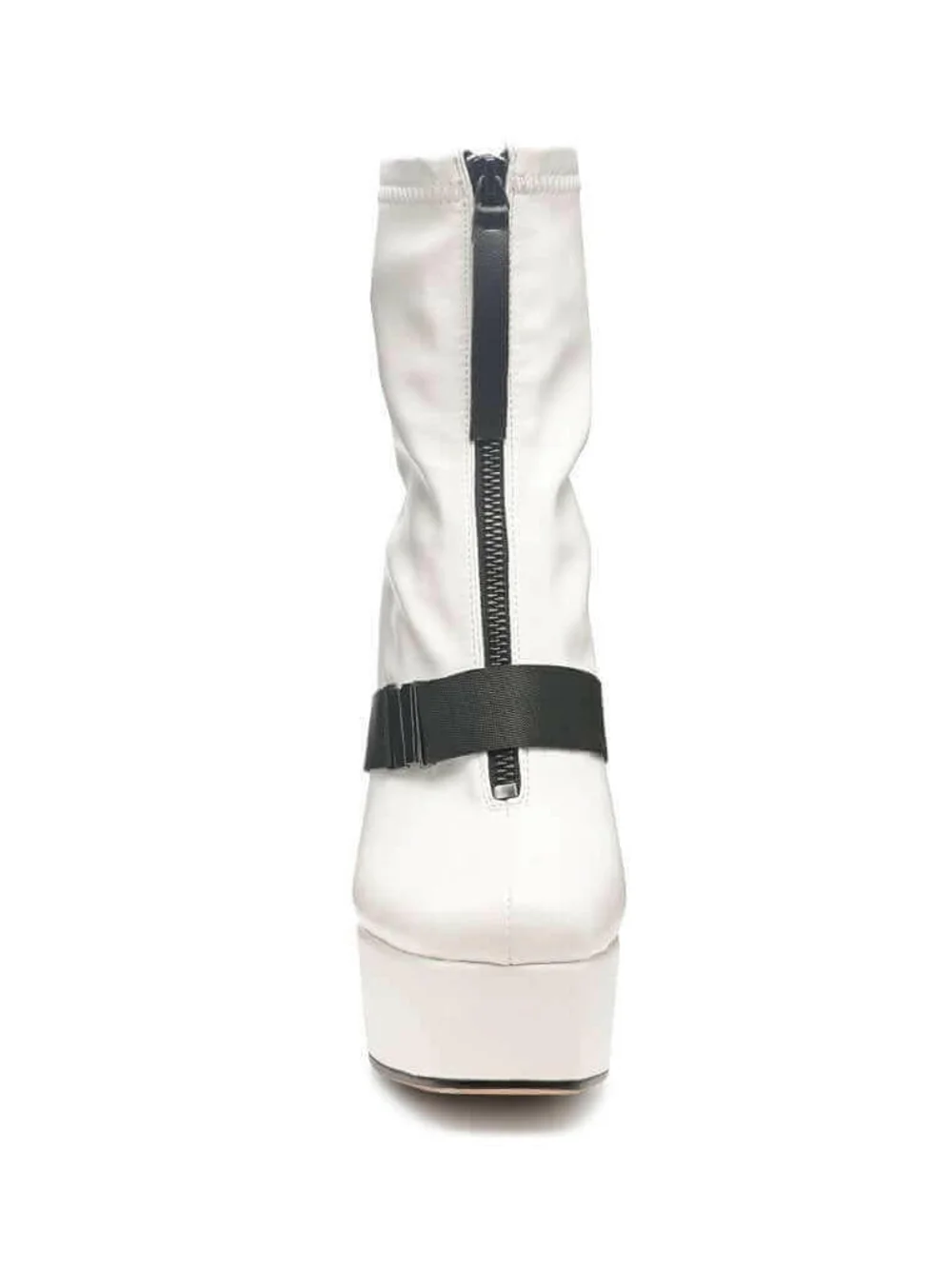 White Platform Ankle Boots with Black Front Zip and Strap